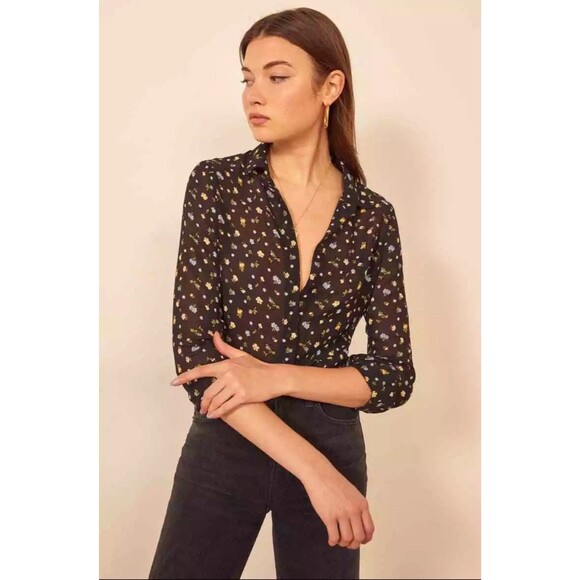 Reformation Black Floral Sheer Lansky Violet Button Up Shirt Size Large Feminine - Picture 1 of 9